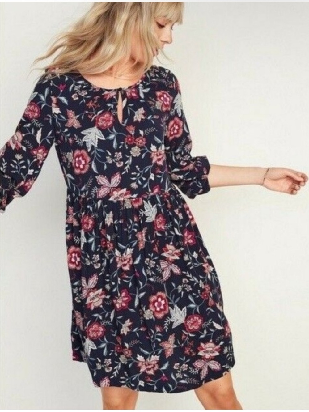 Old Navy Navy Floral Long-Sleeve Swing Dress - Petite S
